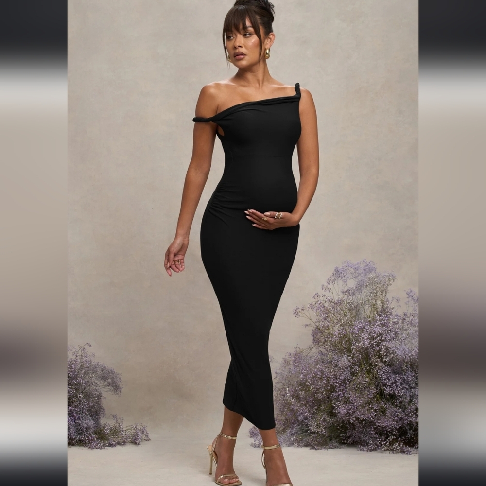 Club L London Black Twisted Asymmetric Maternity Midi Dress